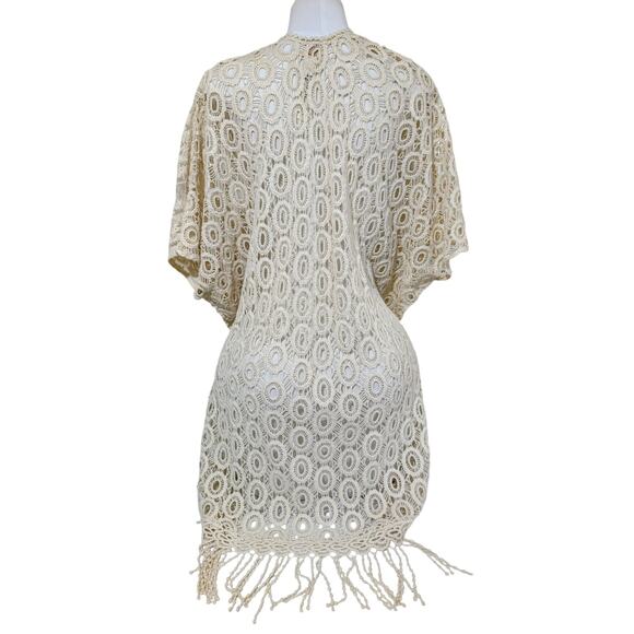 Chico’s Ivory Crochet Lace Fringe Kimono Cardigan OS - Picture 3 of 8